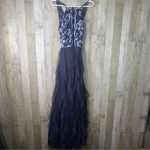 Teeze Me Size 13 Floral Embroidered Layered Tull Belted Halter Neck Evening Gown